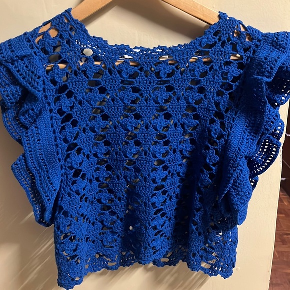 Zara Neon Blue Knit Top With Ruffles - Picture 2 of 3